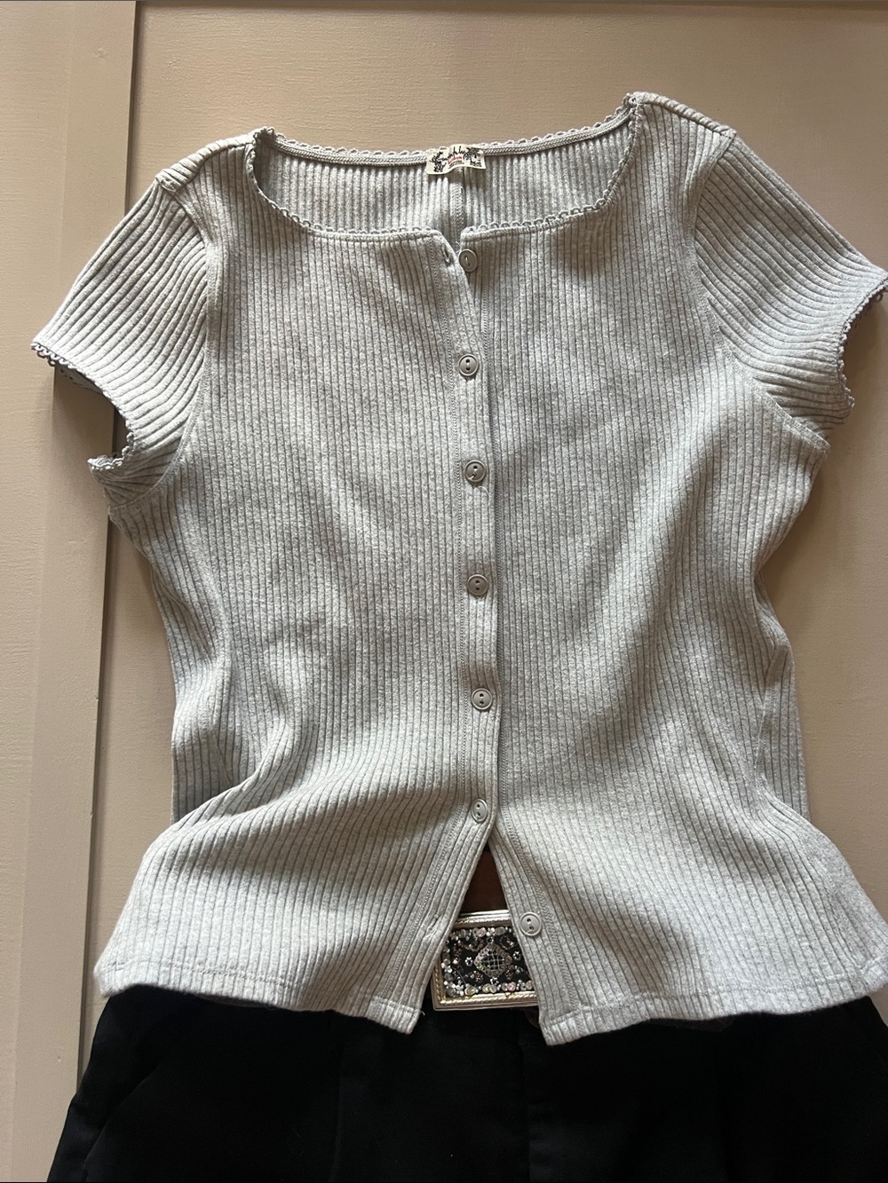 Free People Light Gray Ribbed Button Front Tee